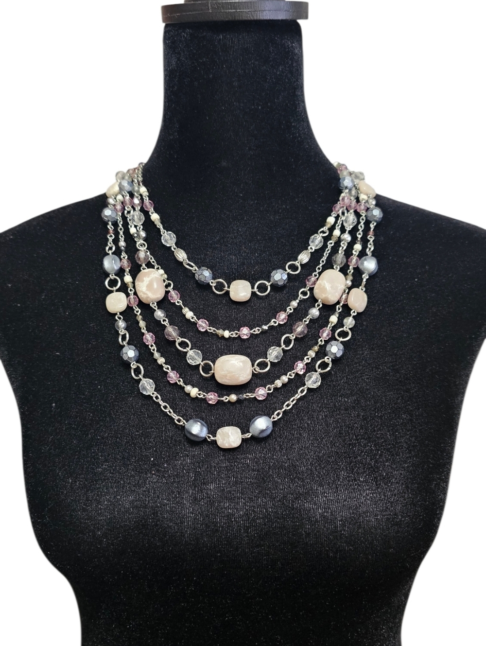 Lia Sophia Multi-Strand Pastel Beaded Statement Necklace | Silver Tone Layered